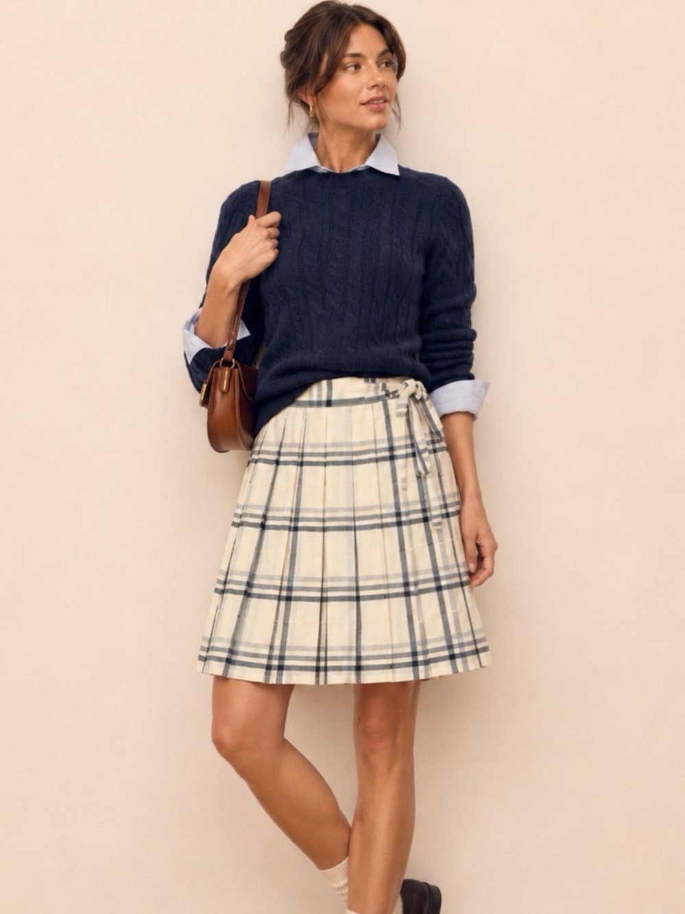 Plaid A-Line Wrap Skirt in Cream and Navy